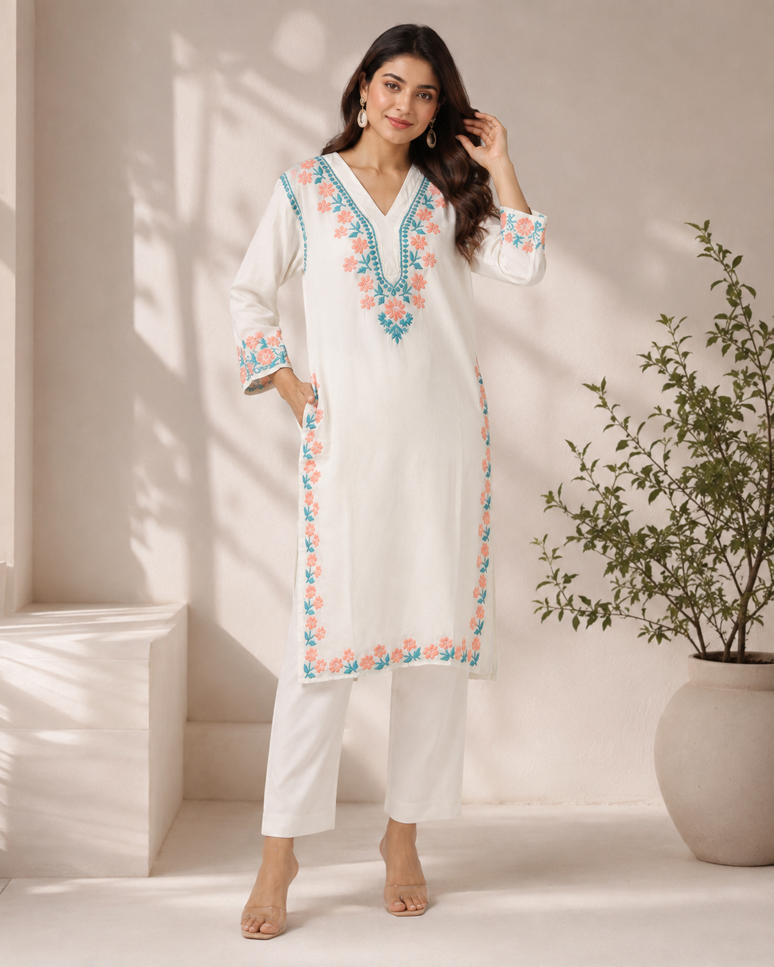 Premium White Floral Embroidered Straight Kurta for Women