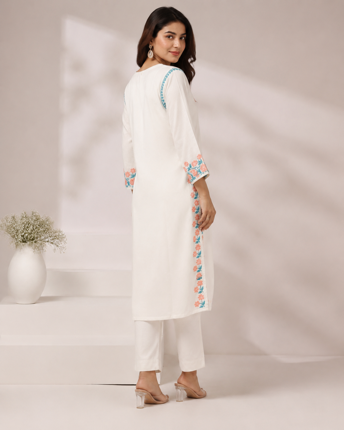 Premium White Floral Embroidered Straight Kurta for Women