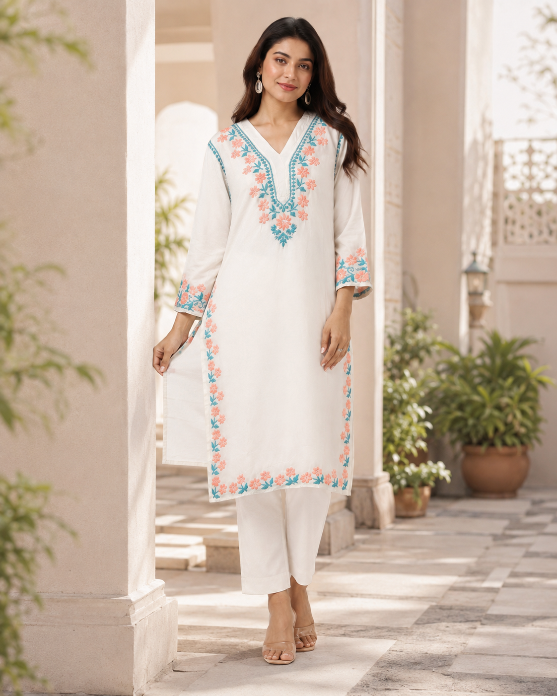 Premium White Floral Embroidered Straight Kurta for Women