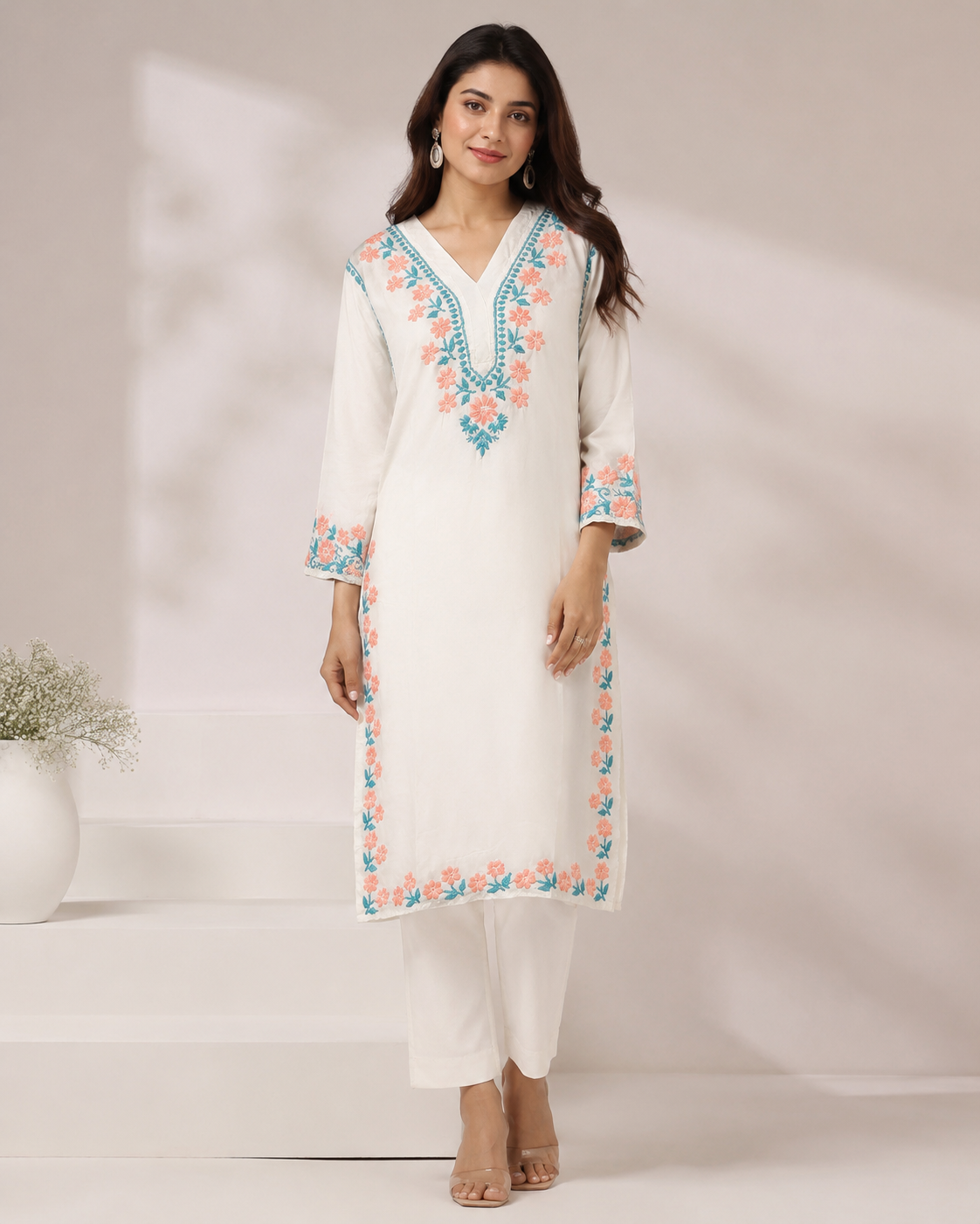 Premium White Floral Embroidered Straight Kurta for Women
