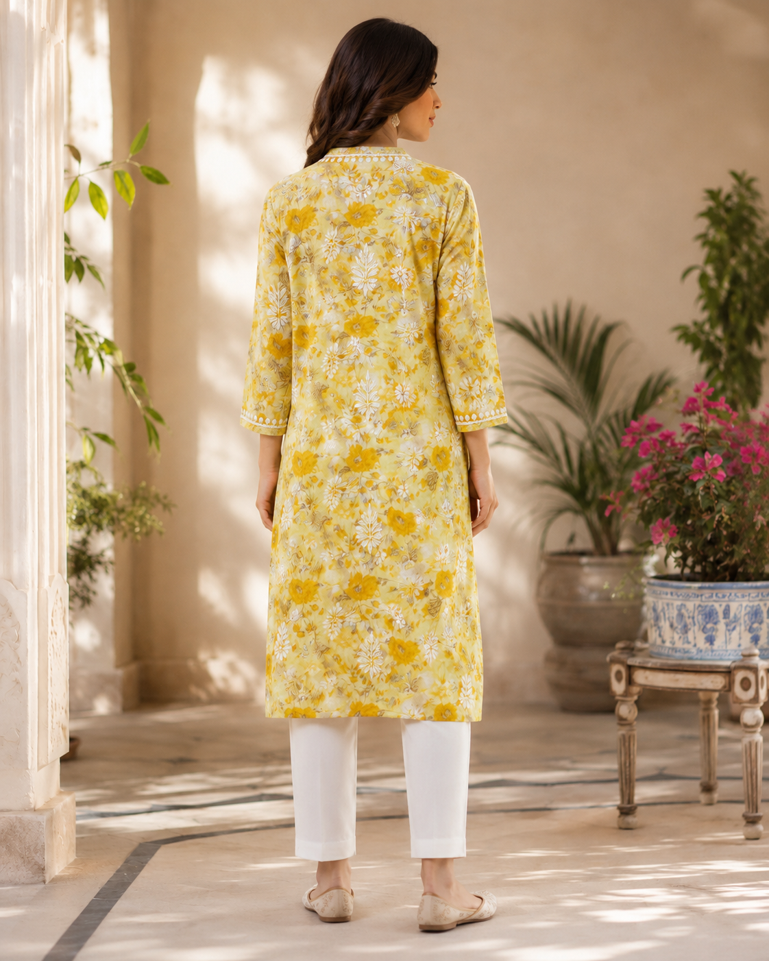 Premium Yellow Floral Printed A-Line Kurti for Women