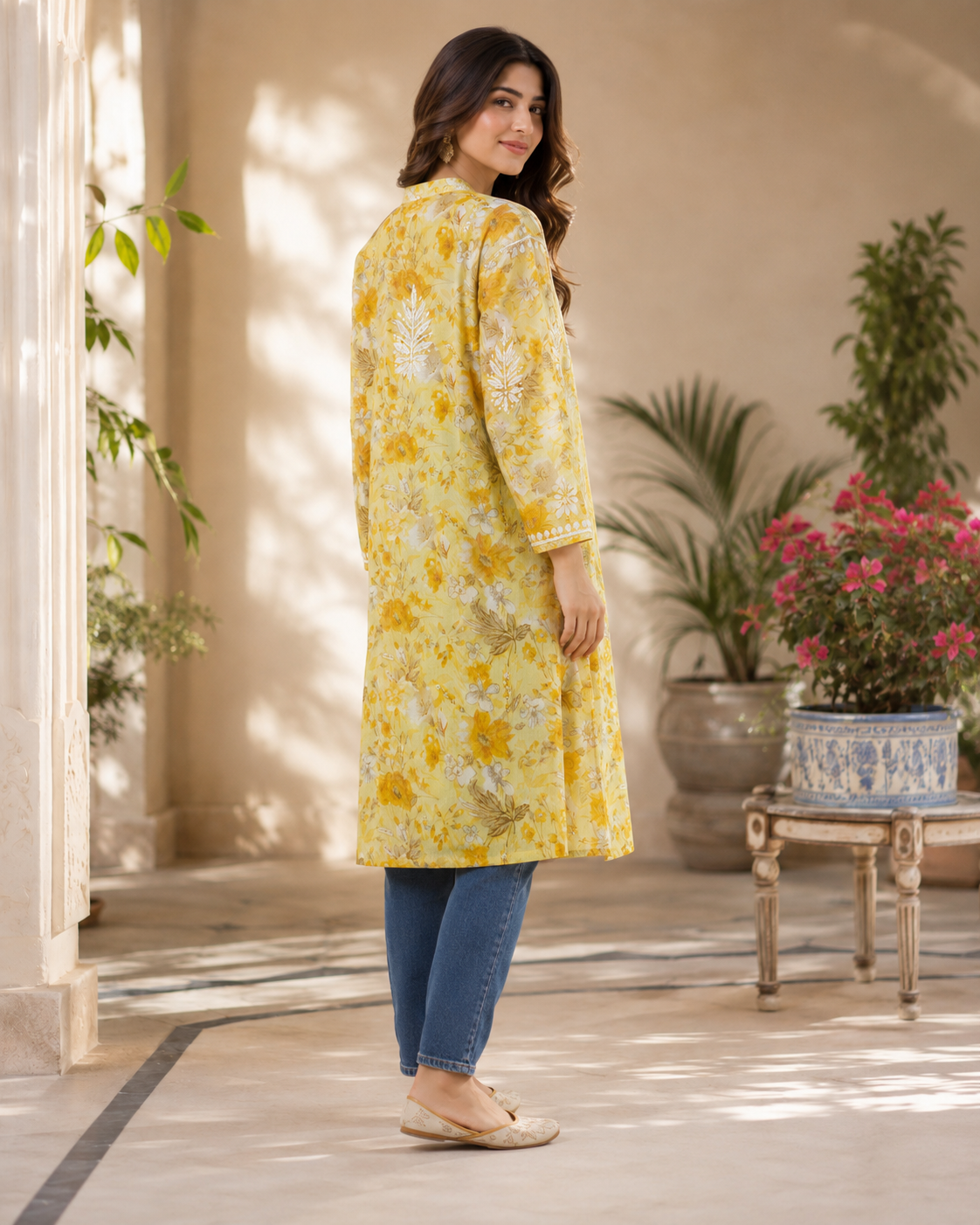 Premium Yellow Floral Printed A-Line Kurti for Women
