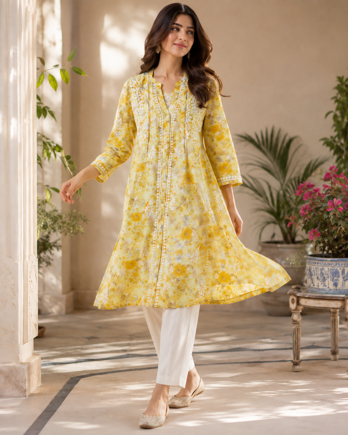 Premium Yellow Floral Printed A-Line Kurti for Women