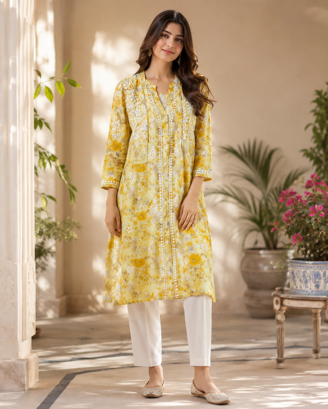 Premium Yellow Floral Printed A-Line Kurti for Women