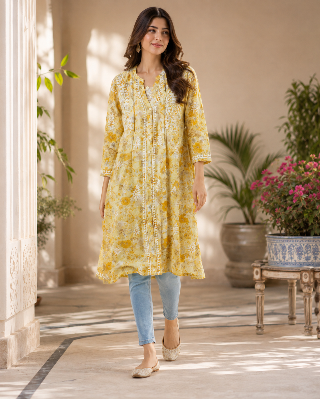 Premium Yellow Floral Printed A-Line Kurti for Women