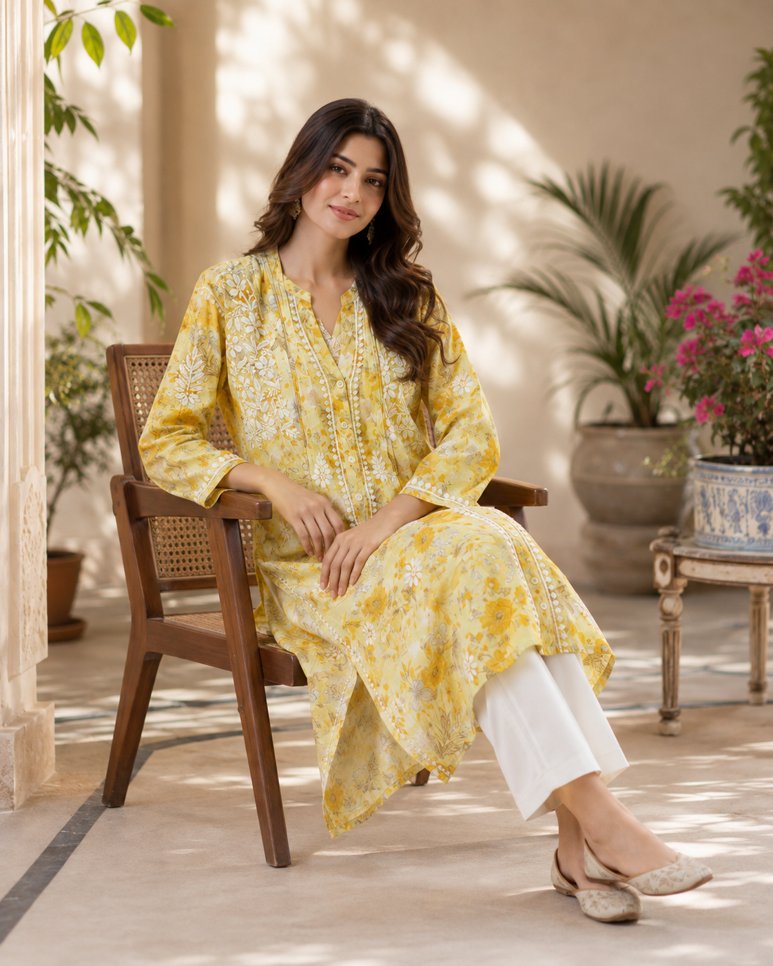 Premium Yellow Floral Printed A-Line Kurti for Women