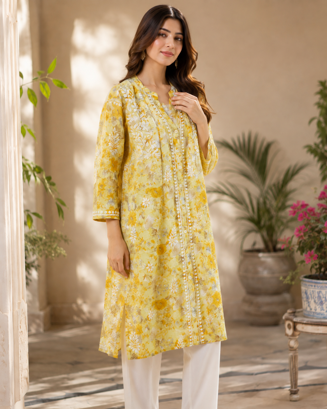 Premium Yellow Floral Printed A-Line Kurti for Women