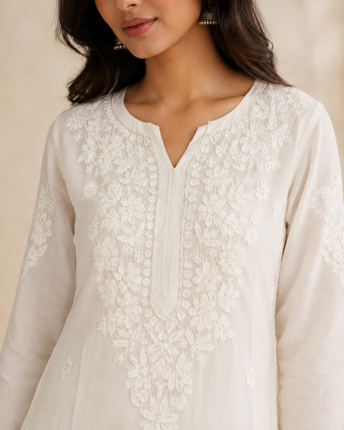 Pure White Tone-on-Tone Lucknowi Chikankari Kurti