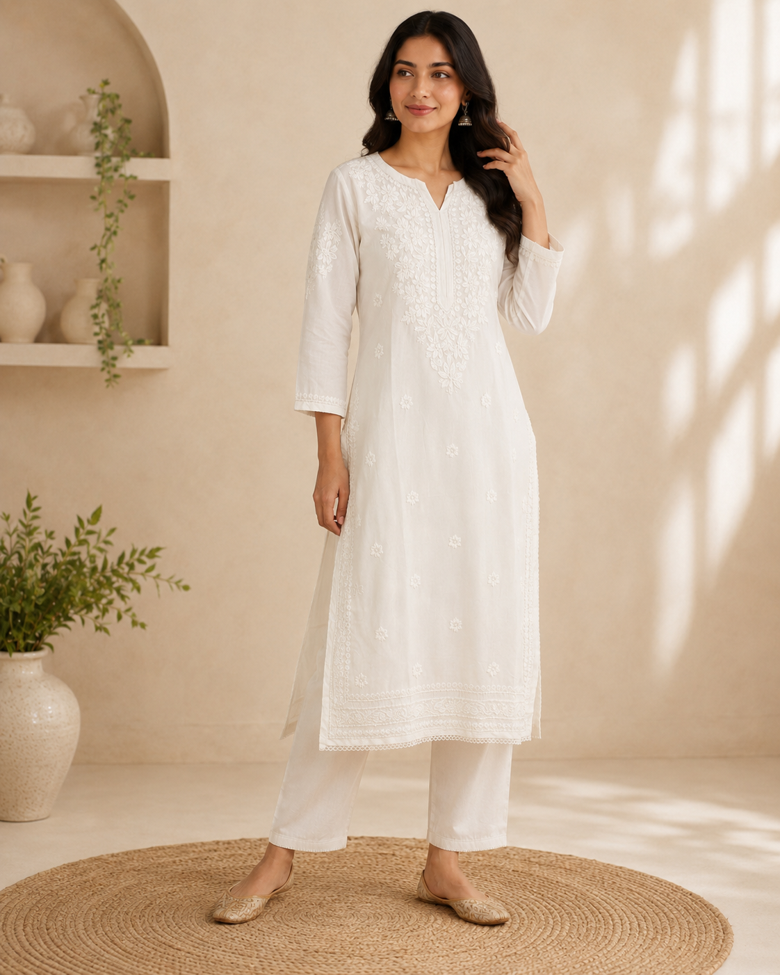 Pure White Tone-on-Tone Lucknowi Chikankari Kurti