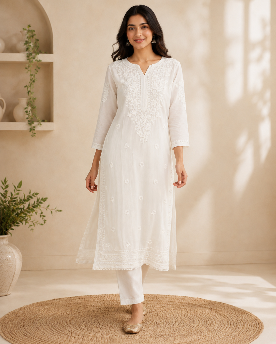Pure White Tone-on-Tone Lucknowi Chikankari Kurti