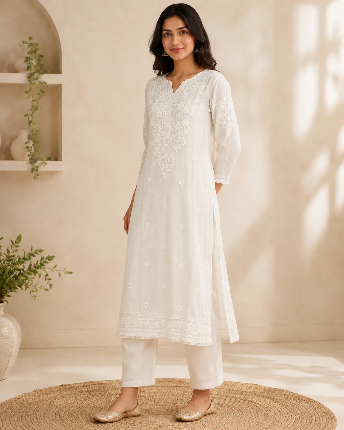 Pure White Tone-on-Tone Lucknowi Chikankari Kurti