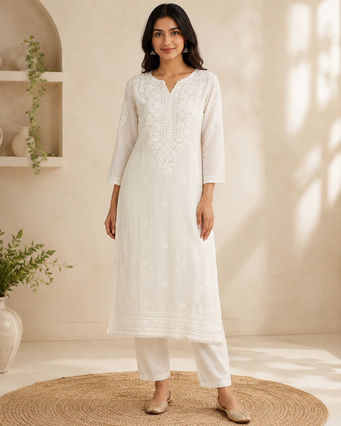 Pure White Tone-on-Tone Lucknowi Chikankari Kurti