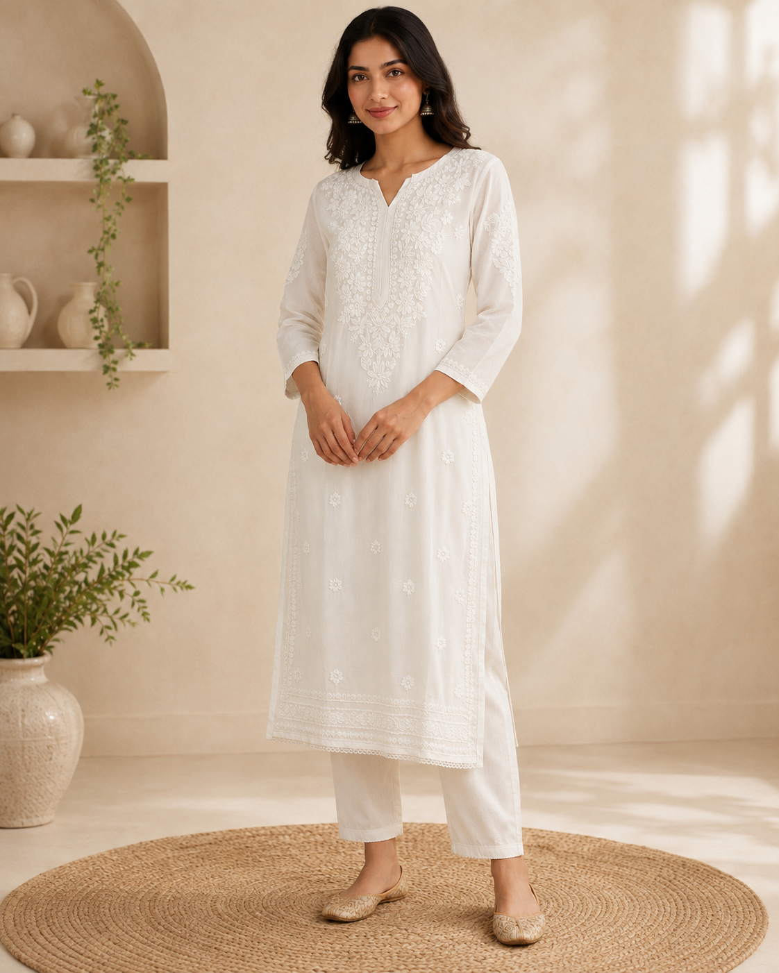 Pure White Tone-on-Tone Lucknowi Chikankari Kurti