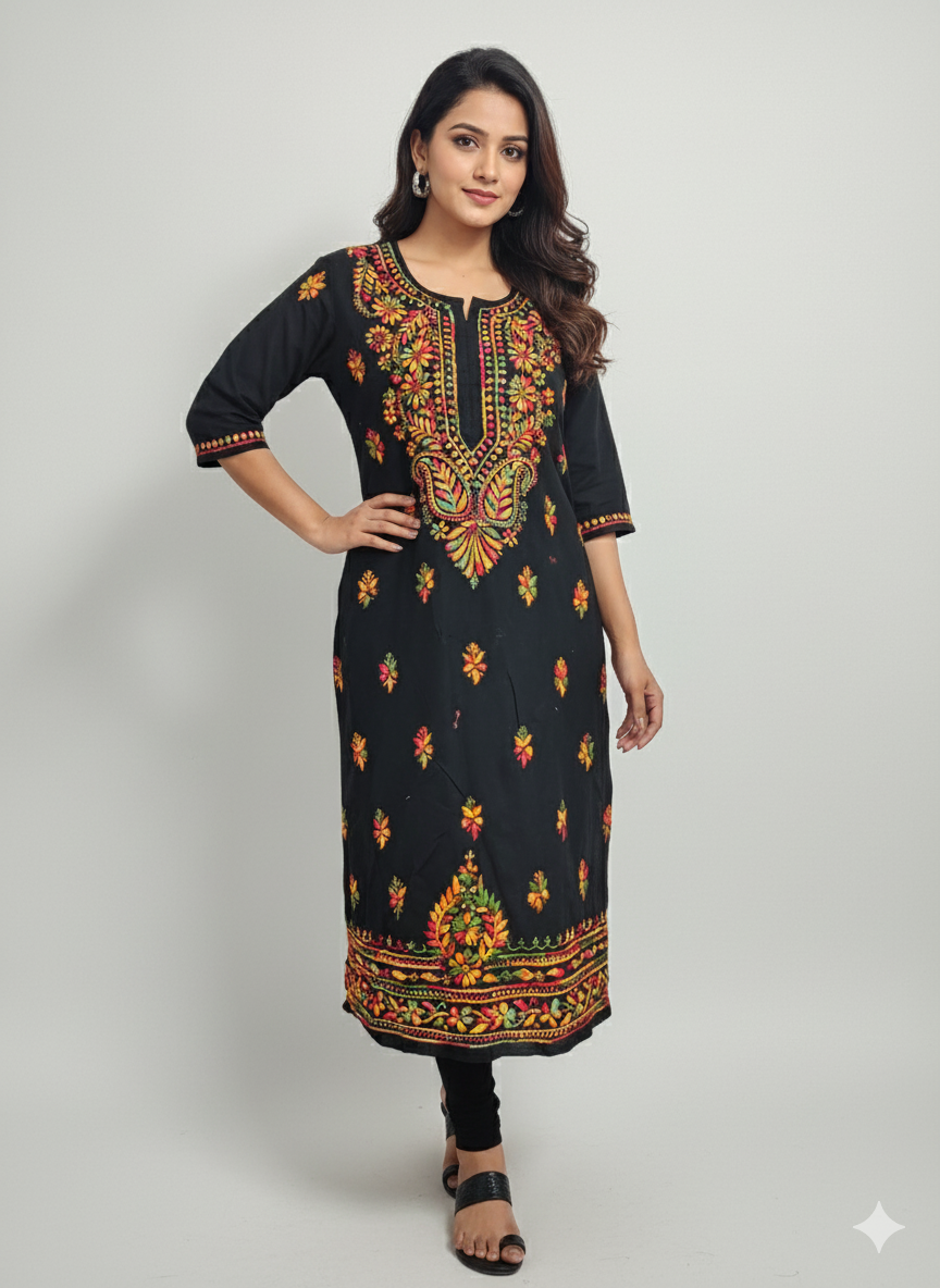 "Black Cotton Embroidered Kurti with Multicolor Floral Work | Festive & Party Wear Ethnic Kurta for Women"