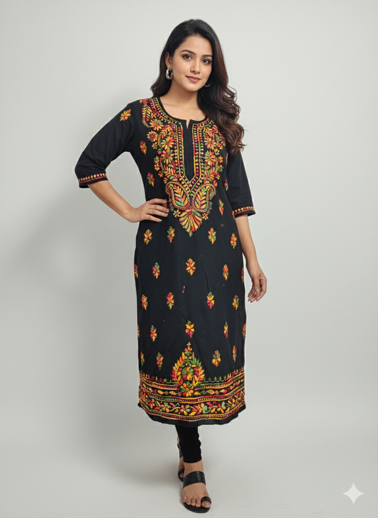 "Black Cotton Embroidered Kurti with Multicolor Floral Work | Festive & Party Wear Ethnic Kurta for Women"
