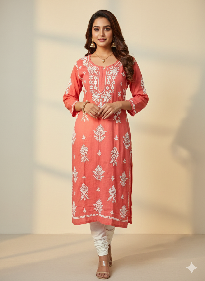 Rani Pink Rayon Chikankari Kurti for Women | Straight Fit Lucknowi Embroidered Kurta – Lucknow Best Chikankari