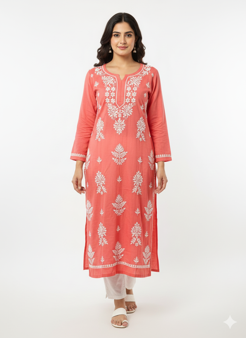 Rani Pink Rayon Chikankari Kurti for Women | Straight Fit Lucknowi Embroidered Kurta – Lucknow Best Chikankari
