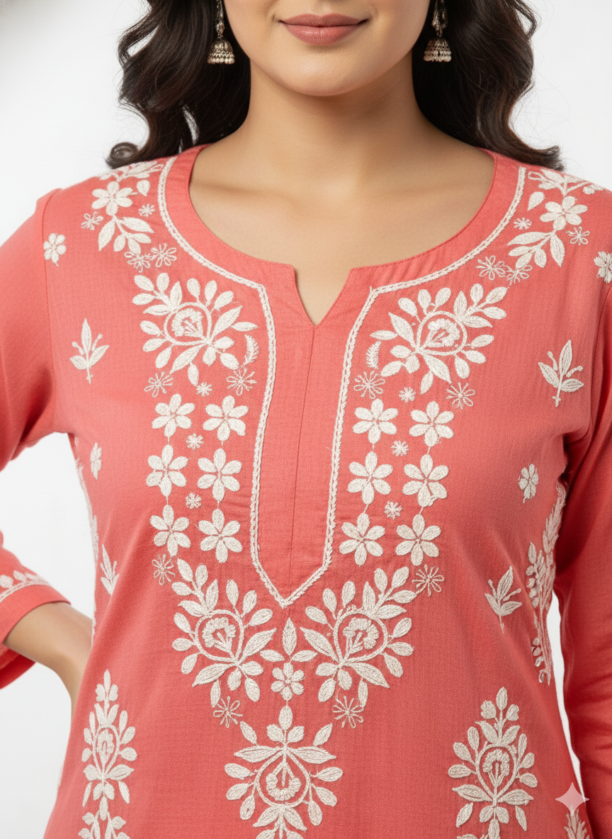 Rani Pink Rayon Chikankari Kurti for Women | Straight Fit Lucknowi Embroidered Kurta – Lucknow Best Chikankari