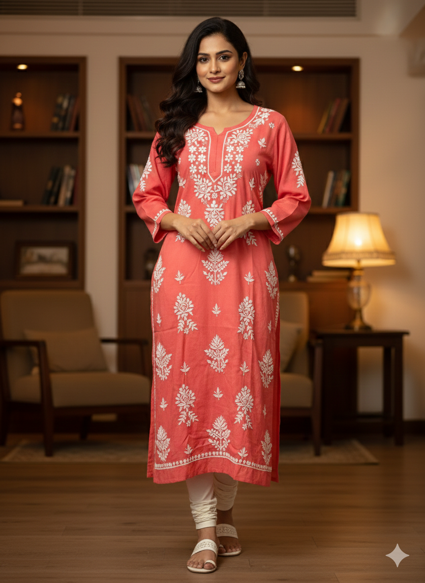 Rani Pink Rayon Chikankari Kurti for Women | Straight Fit Lucknowi Embroidered Kurta – Lucknow Best Chikankari