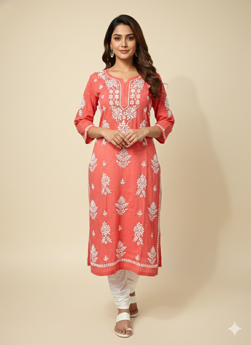Rani Pink Rayon Chikankari Kurti for Women | Straight Fit Lucknowi Embroidered Kurta – Lucknow Best Chikankari