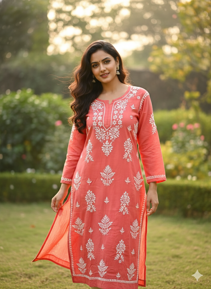 Rani Pink Rayon Chikankari Kurti for Women | Straight Fit Lucknowi Embroidered Kurta – Lucknow Best Chikankari