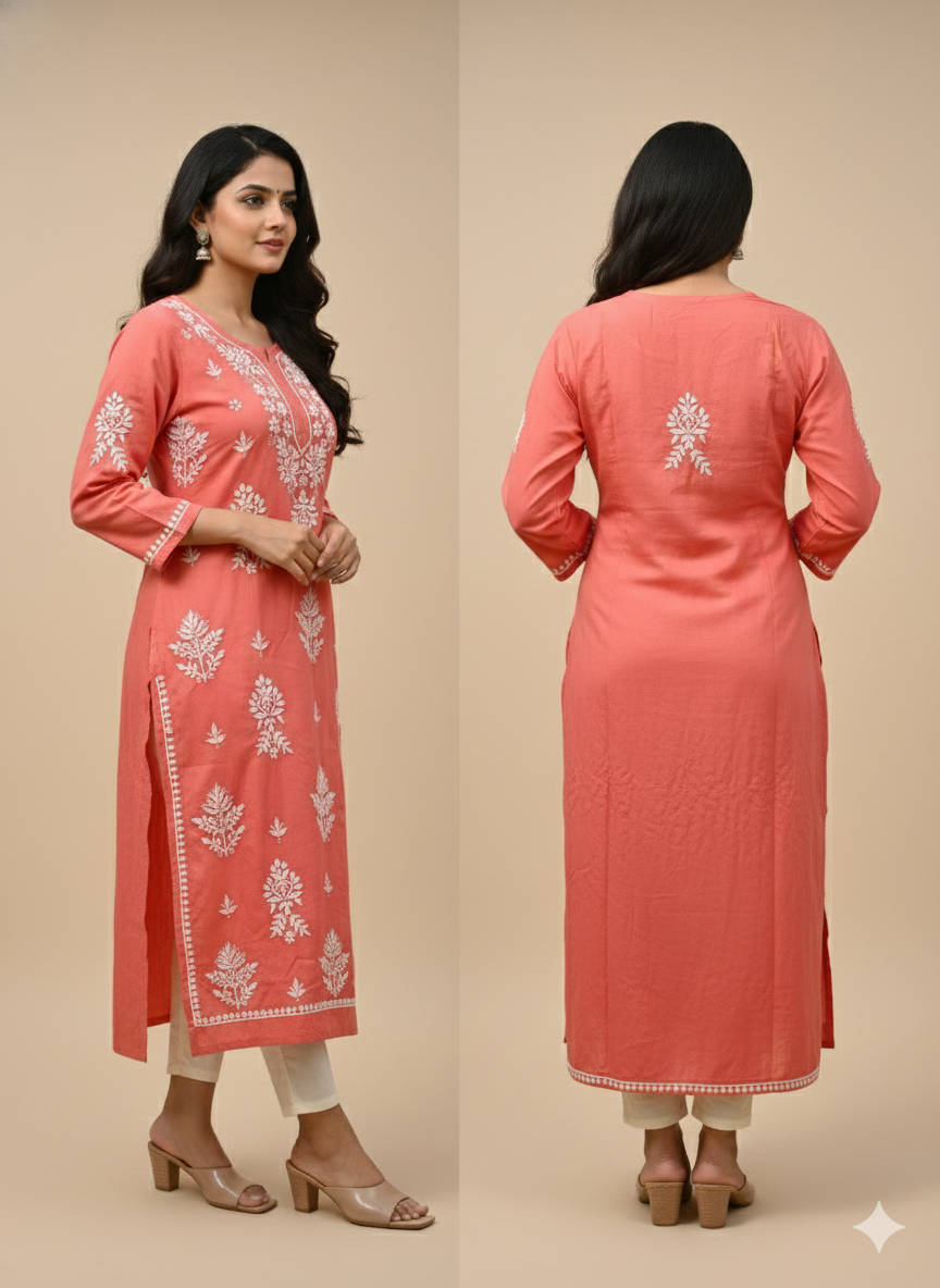 Rani Pink Rayon Chikankari Kurti for Women | Straight Fit Lucknowi Embroidered Kurta – Lucknow Best Chikankari