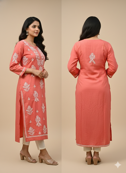 Rani Pink Rayon Chikankari Kurti for Women | Straight Fit Lucknowi Embroidered Kurta – Lucknow Best Chikankari