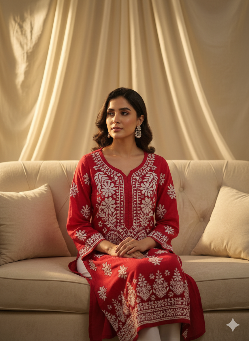 "Red Modal Chikankari Kurti with White Hand Embroidery | Elegant Lucknowi Ethnic Wear for Women"