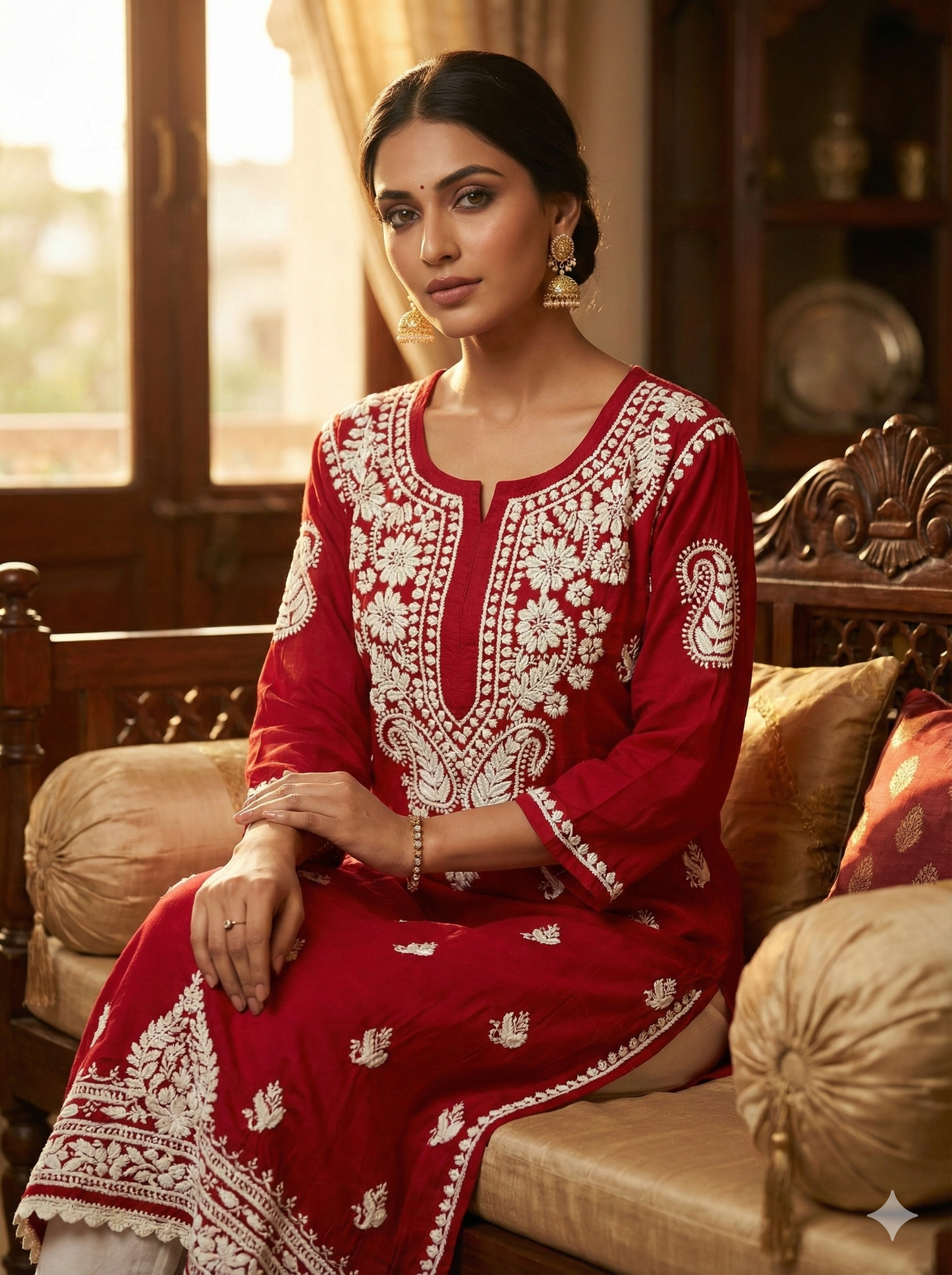 Red Modal Chikankari Kurti for Women | Premium Embroidered Straight Kurta – Lucknow Best Chikankari