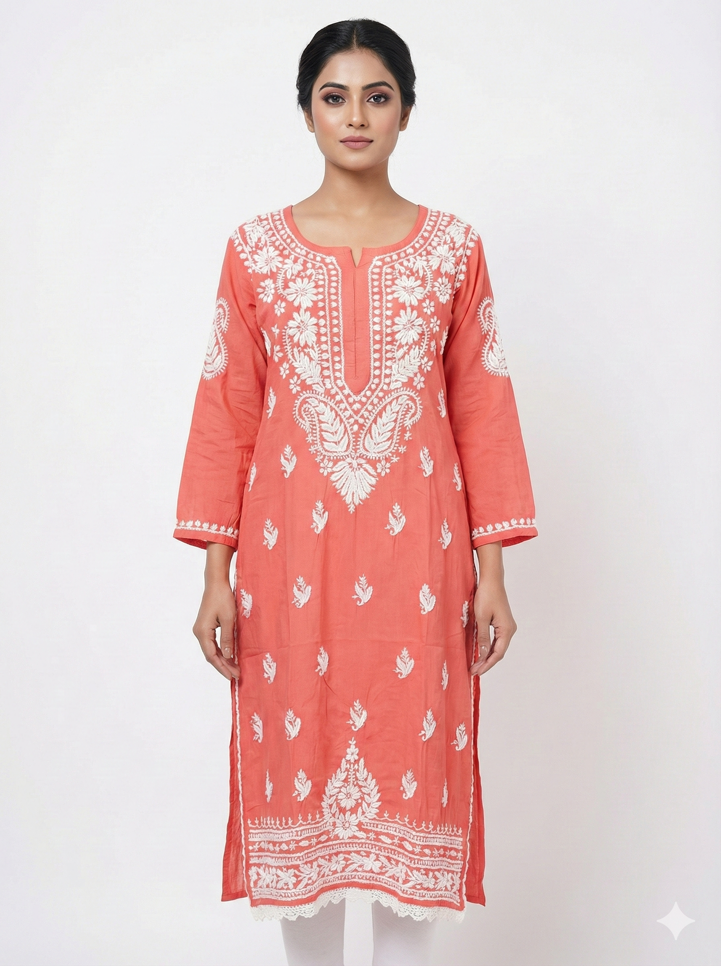 Coral Red Heavy Chikankari Modal Kurti for Women | Hand Embroidered Lucknowi Kurti – Lucknow Best Chikankari