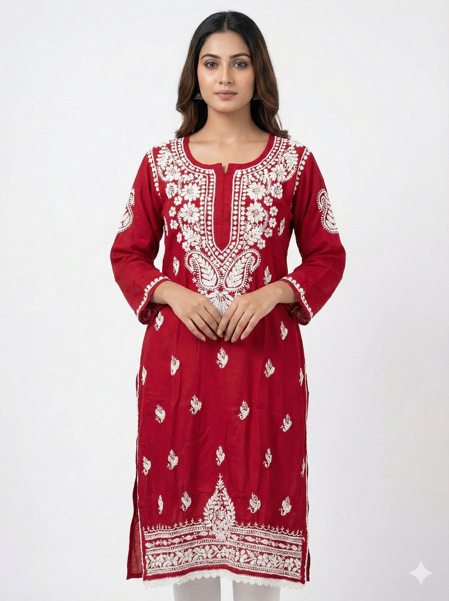 Red Modal Chikankari Kurti for Women | Premium Embroidered Straight Kurta – Lucknow Best Chikankari