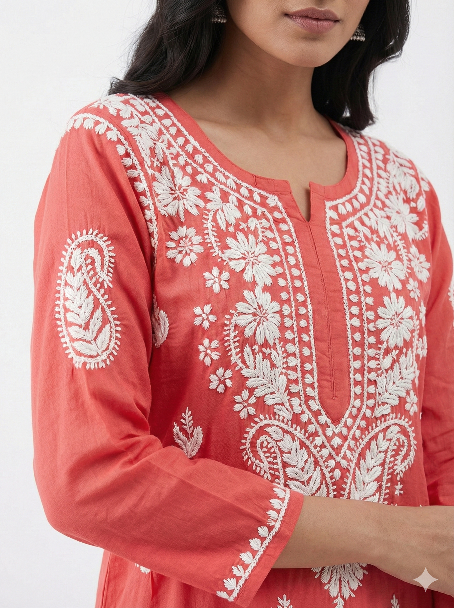 Coral Red Heavy Chikankari Modal Kurti for Women | Hand Embroidered Lucknowi Kurti – Lucknow Best Chikankari