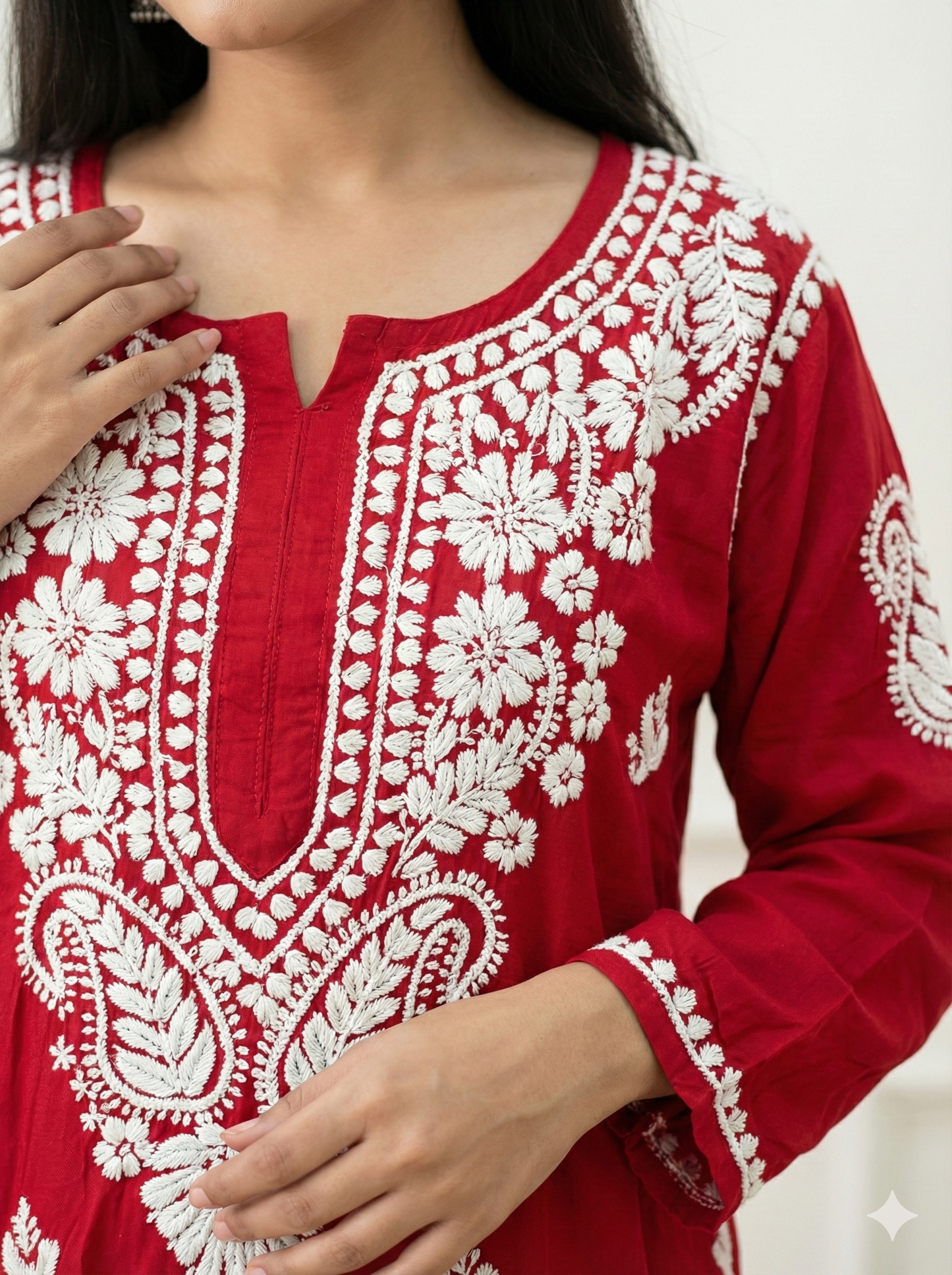 Red Modal Chikankari Kurti for Women | Premium Embroidered Straight Kurta – Lucknow Best Chikankari