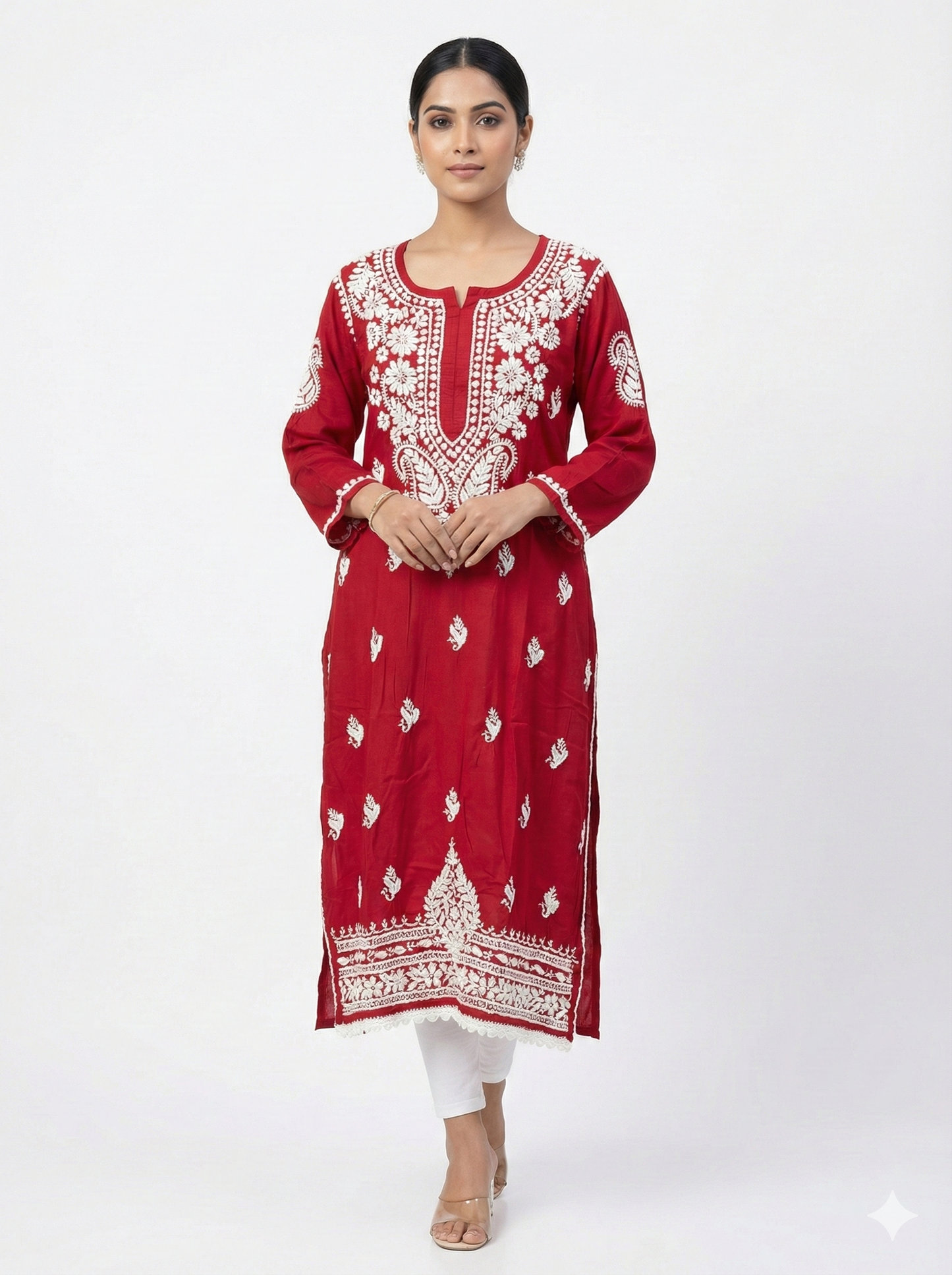Red Modal Chikankari Kurti for Women | Premium Embroidered Straight Kurta – Lucknow Best Chikankari