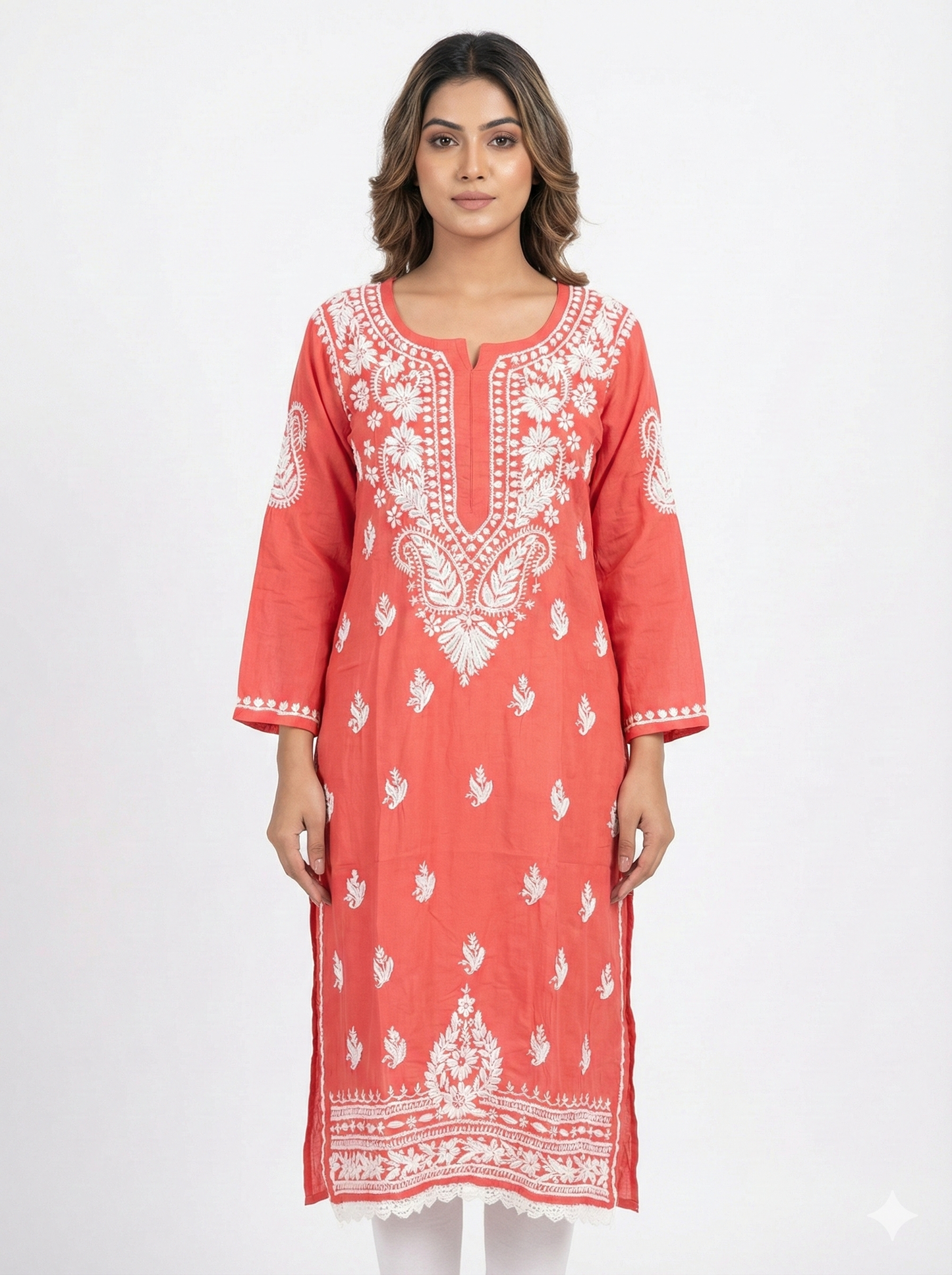 Coral Red Heavy Chikankari Modal Kurti for Women | Hand Embroidered Lucknowi Kurti – Lucknow Best Chikankari