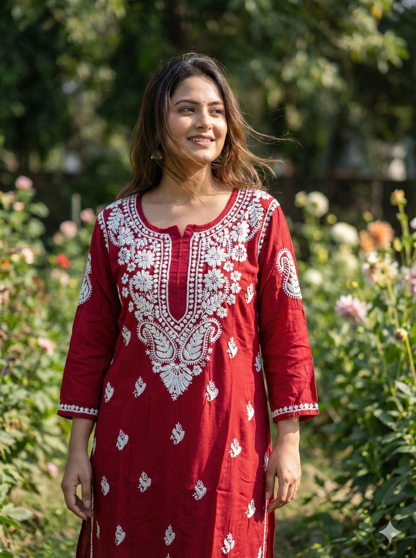 Red Modal Chikankari Kurti for Women | Premium Embroidered Straight Kurta – Lucknow Best Chikankari