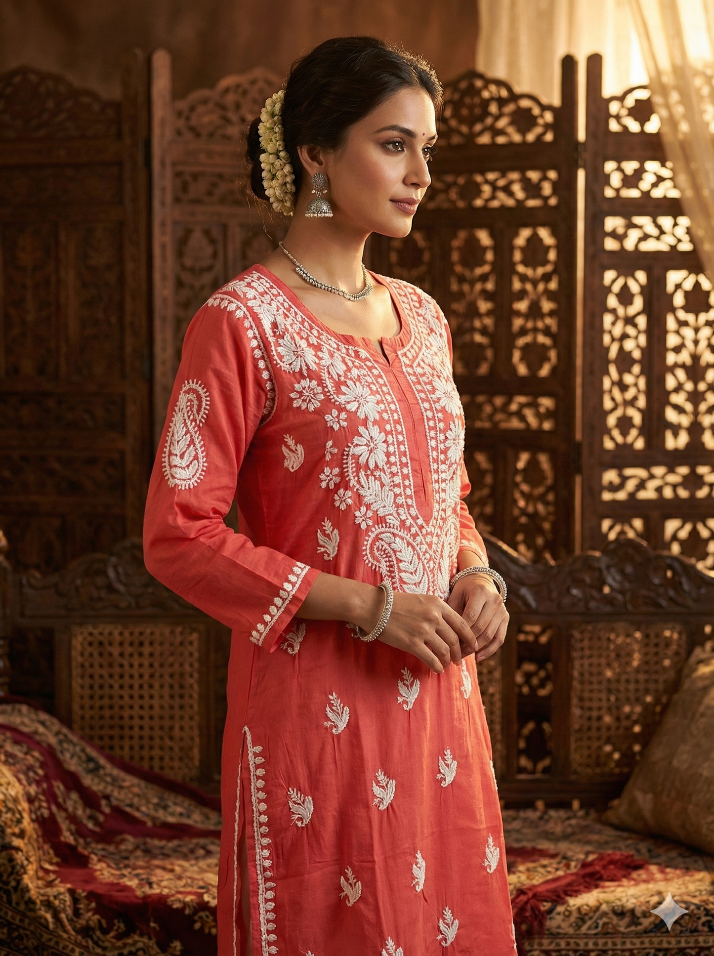 Coral Red Heavy Chikankari Modal Kurti for Women | Hand Embroidered Lucknowi Kurti – Lucknow Best Chikankari