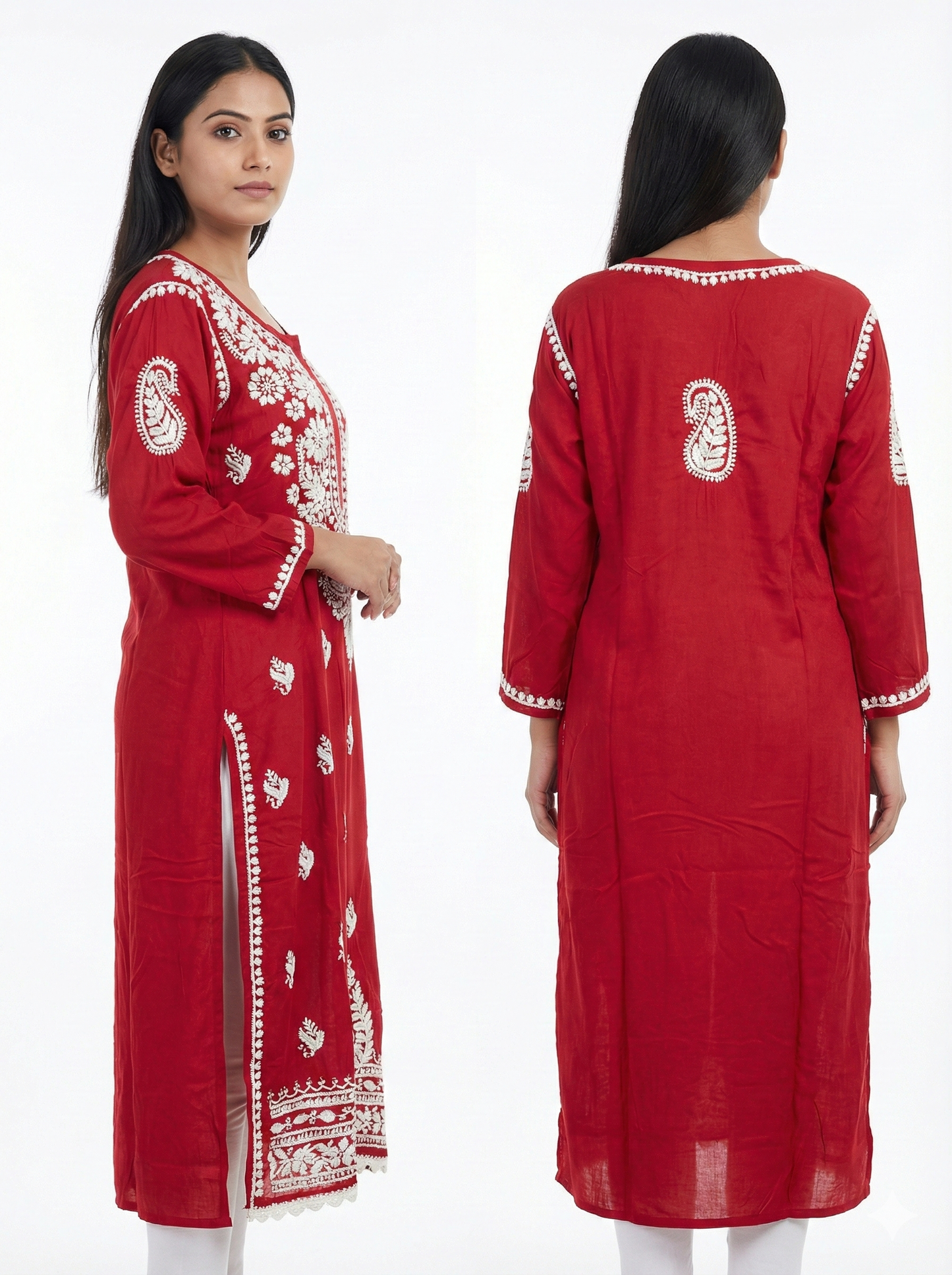Red Modal Chikankari Kurti for Women | Premium Embroidered Straight Kurta – Lucknow Best Chikankari