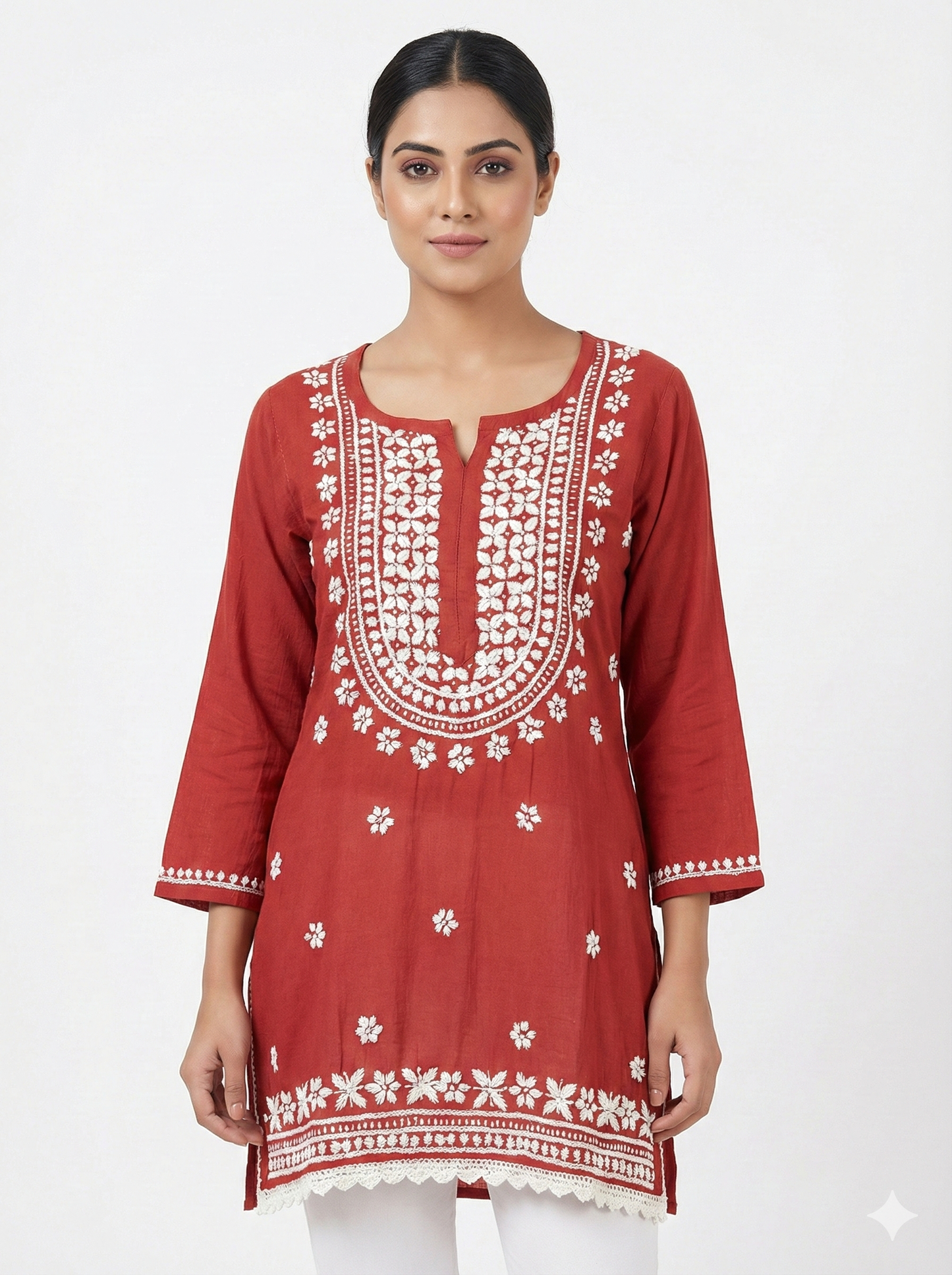 Red Rayon Short Chikankari Kurti for Women | Embroidered Casual Kurti with 3/4 Sleeves – Lucknow Best Chikankari