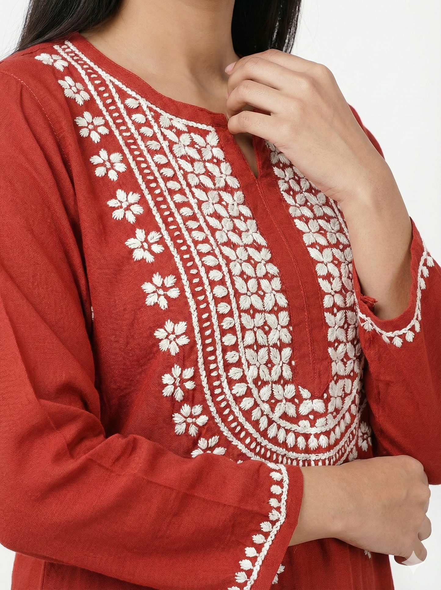 Red Rayon Short Chikankari Kurti for Women | Embroidered Casual Kurti with 3/4 Sleeves – Lucknow Best Chikankari