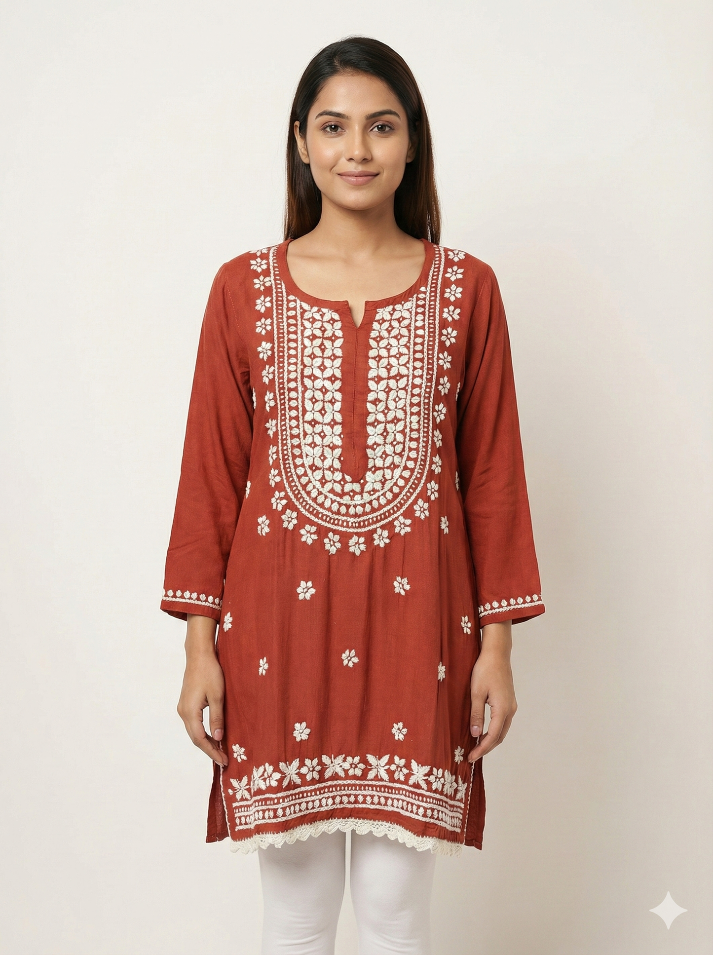 Red Rayon Short Chikankari Kurti for Women | Embroidered Casual Kurti with 3/4 Sleeves – Lucknow Best Chikankari