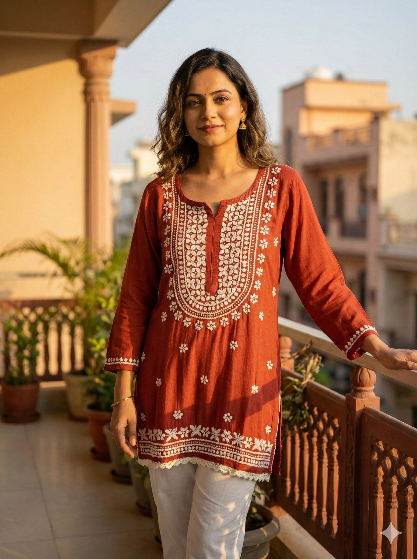 Red Rayon Short Chikankari Kurti for Women | Embroidered Casual Kurti with 3/4 Sleeves – Lucknow Best Chikankari