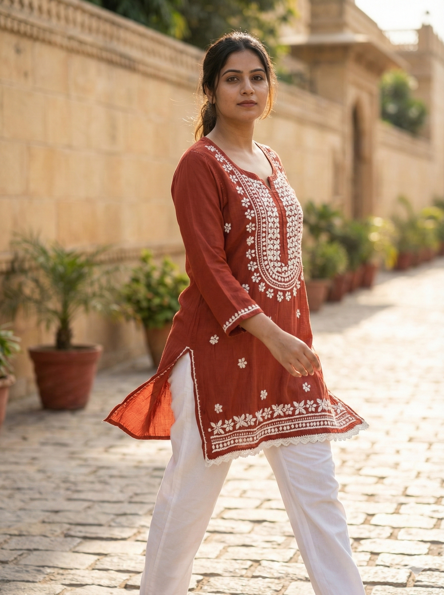 Red Rayon Short Chikankari Kurti for Women | Embroidered Casual Kurti with 3/4 Sleeves – Lucknow Best Chikankari