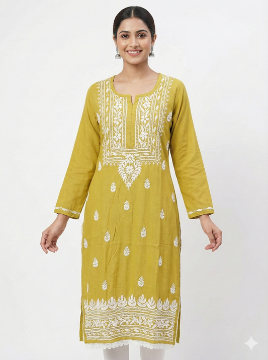 Mustard yellow rayon Chikankari kurti embroidery close up