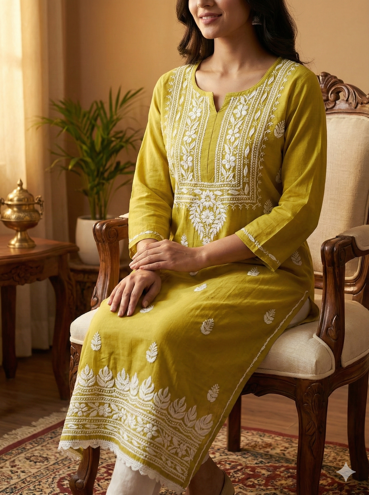 Mustard Yellow Rayon Chikankari Kurti – Authentic Lucknowi Hand Embroidery | Lucknow Best Chikankari