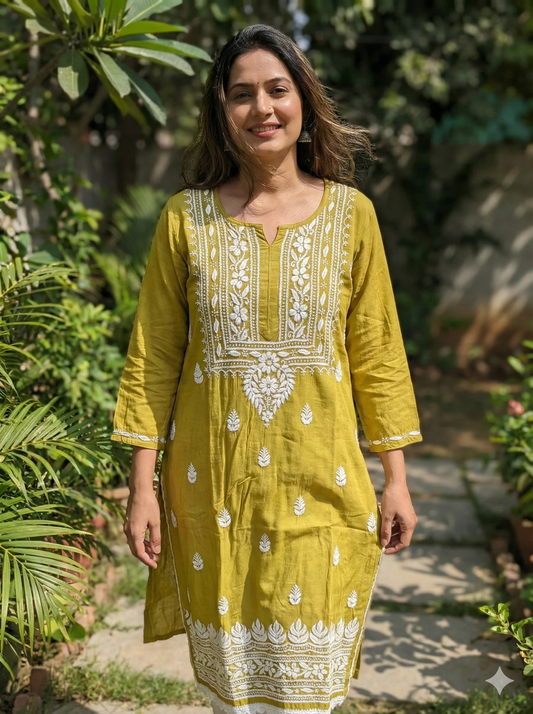 Mustard Yellow Rayon Chikankari Kurti – Authentic Lucknowi Hand Embroidery | Lucknow Best Chikankari