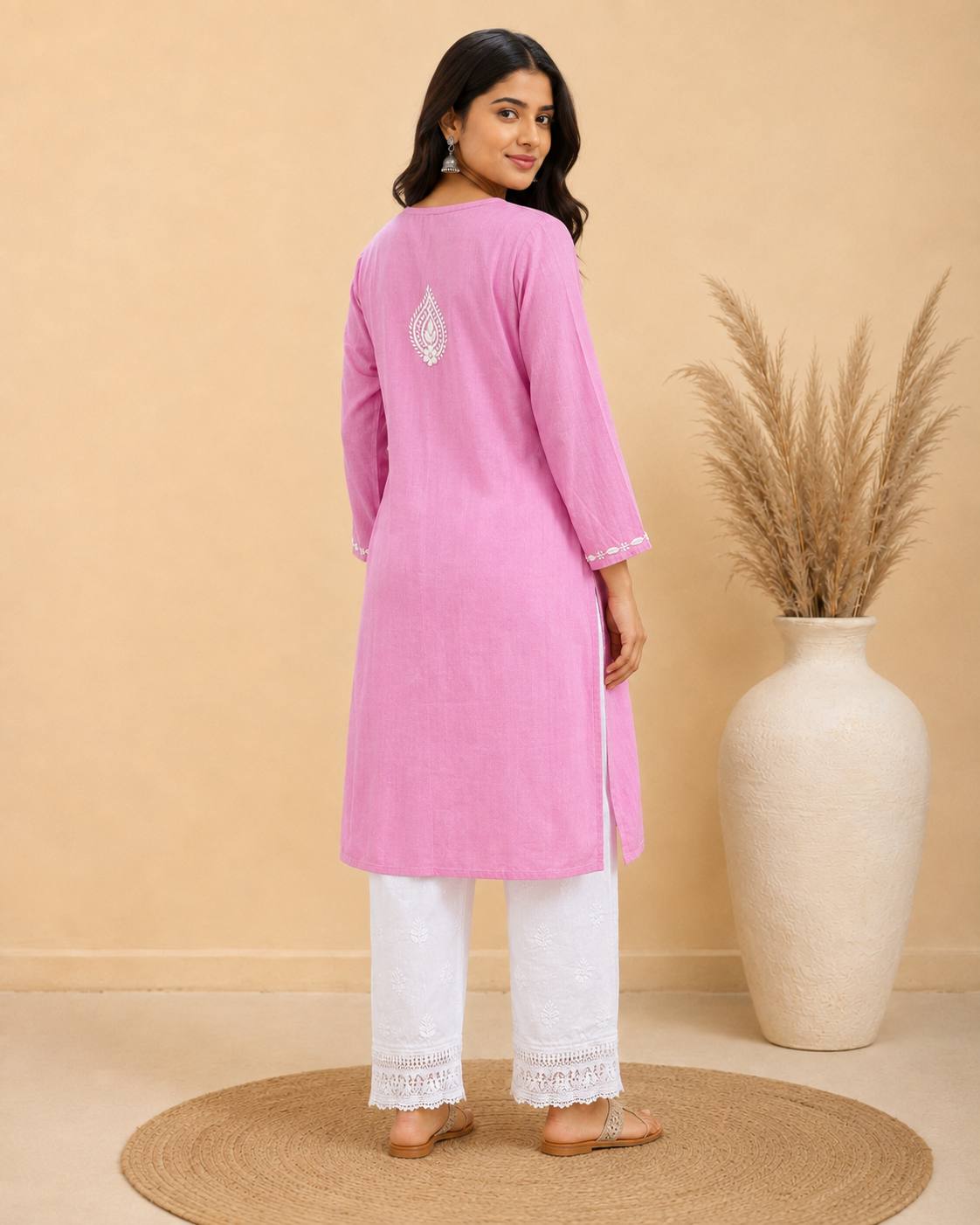 Rose Pink Rayon Lucknowi Chikankari Kurti for Women – Handmade White Embroidery