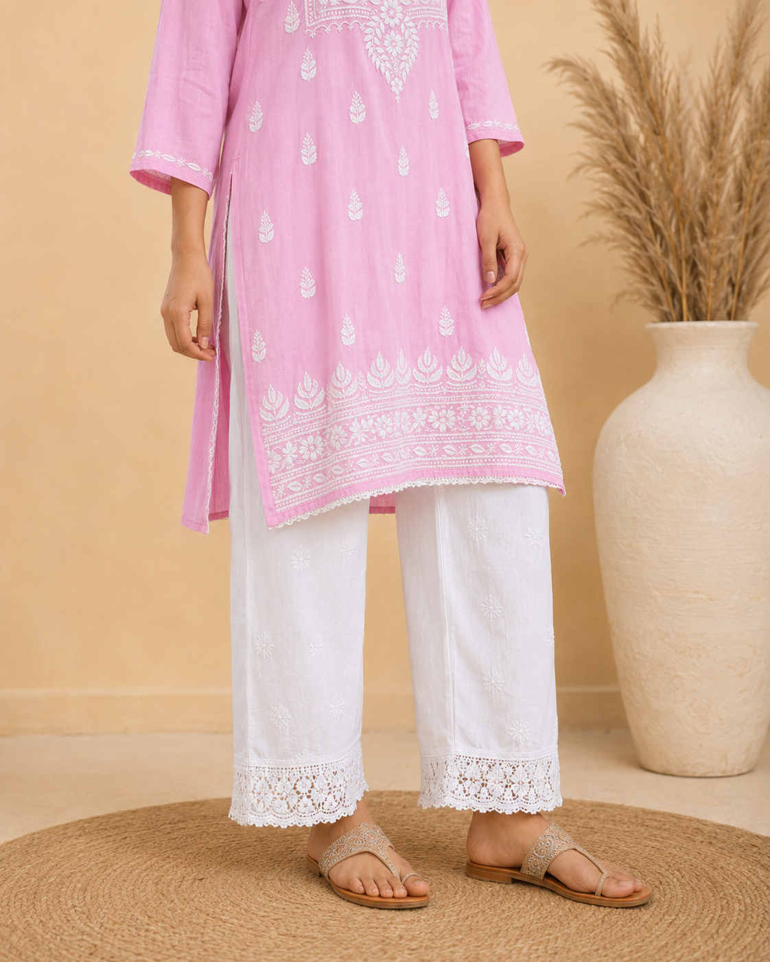 Rose Pink Rayon Lucknowi Chikankari Kurti for Women – Handmade White Embroidery