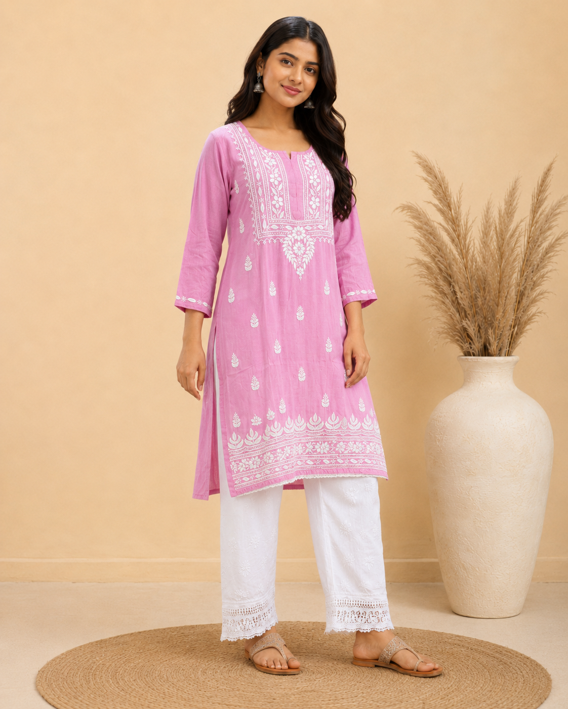 Rose Pink Rayon Lucknowi Chikankari Kurti for Women – Handmade White Embroidery