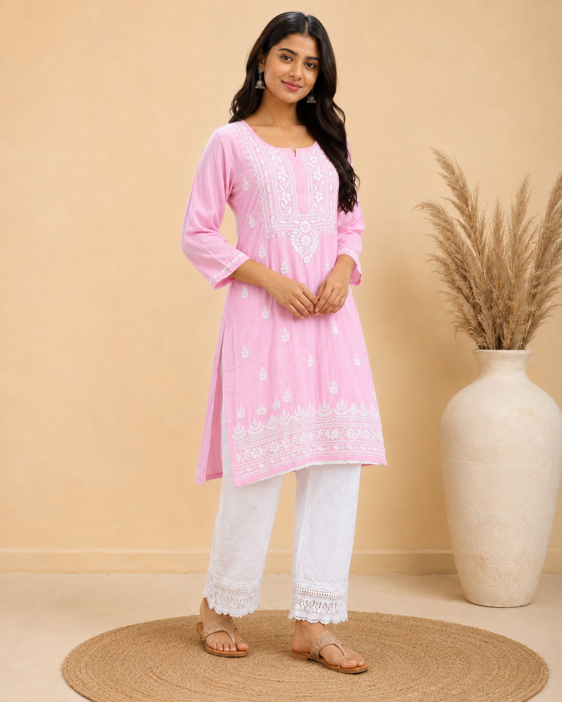 Rose Pink Rayon Lucknowi Chikankari Kurti for Women – Handmade White Embroidery
